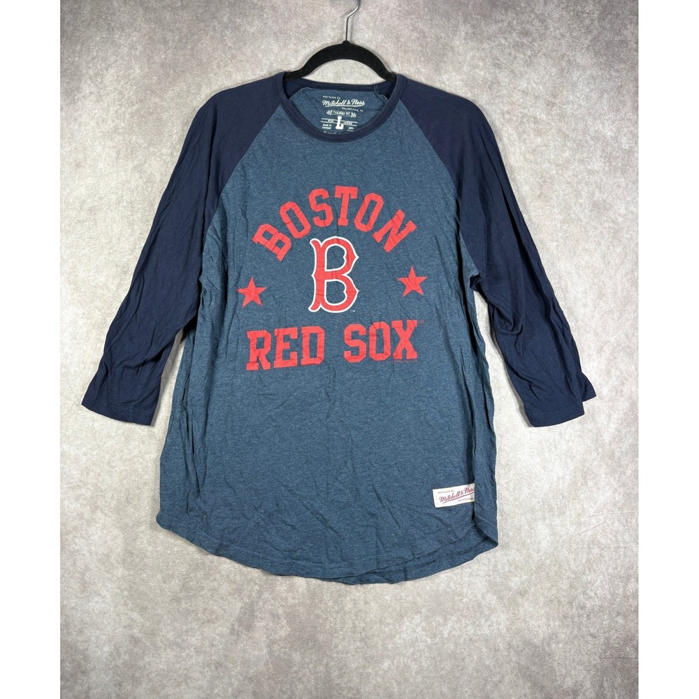 Boston Red Sox Mitchell & Ness Shirt Mens Large Blue Raglan 3/4 Sleeve Baseball